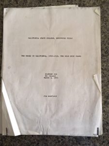 Title Page from Jim Armfield's term paper, which he researched here at Rancho Los Cerritos in 1970.