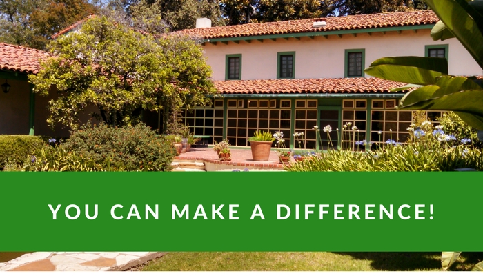 Volunteer and help make a difference at Rancho Los Cerritos! (Photo of Adobe with "You Can Make a Difference" text)