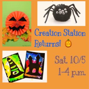 Creation Station returns to Rancho Los Cerritos in October with "Outrageous Orange" crafts. (Photo shows "Creation Station Returns! Sat. 10/5 1-4 p.m." with photos of Jack-o-Lantern paper craft, pom-pom spider craft, and Halloween silhouette paper art).